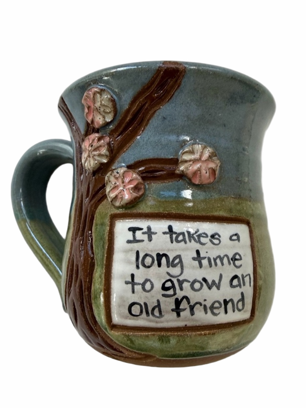 UNCOMMON GOODS Handmade Ceramic Stoneware Mug “Old Friends” Green Blue Mudworks
